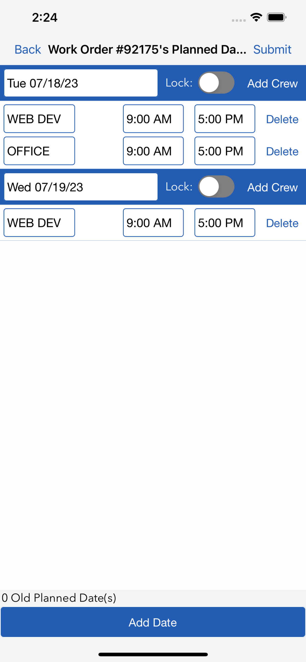 Adminmatic planned dates view