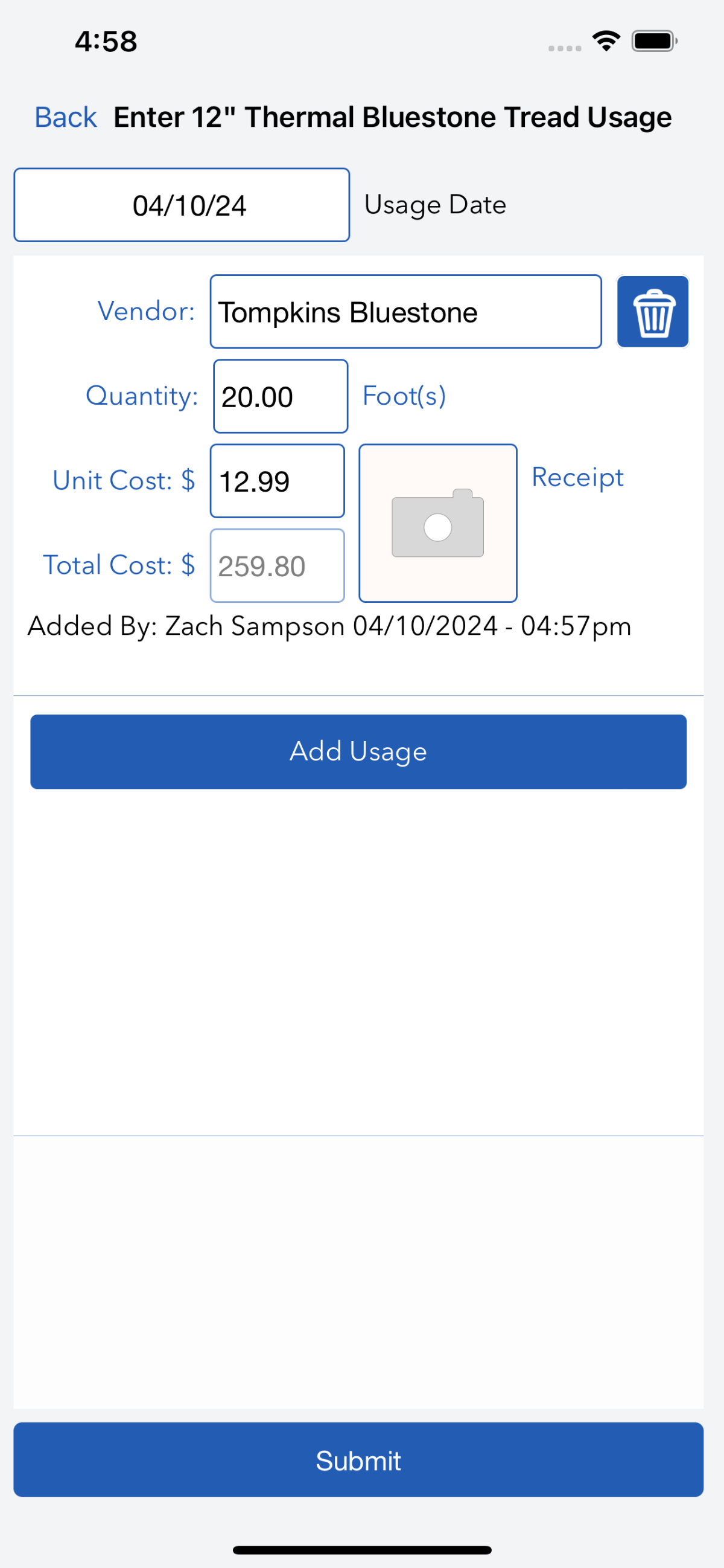 Material type usage entry