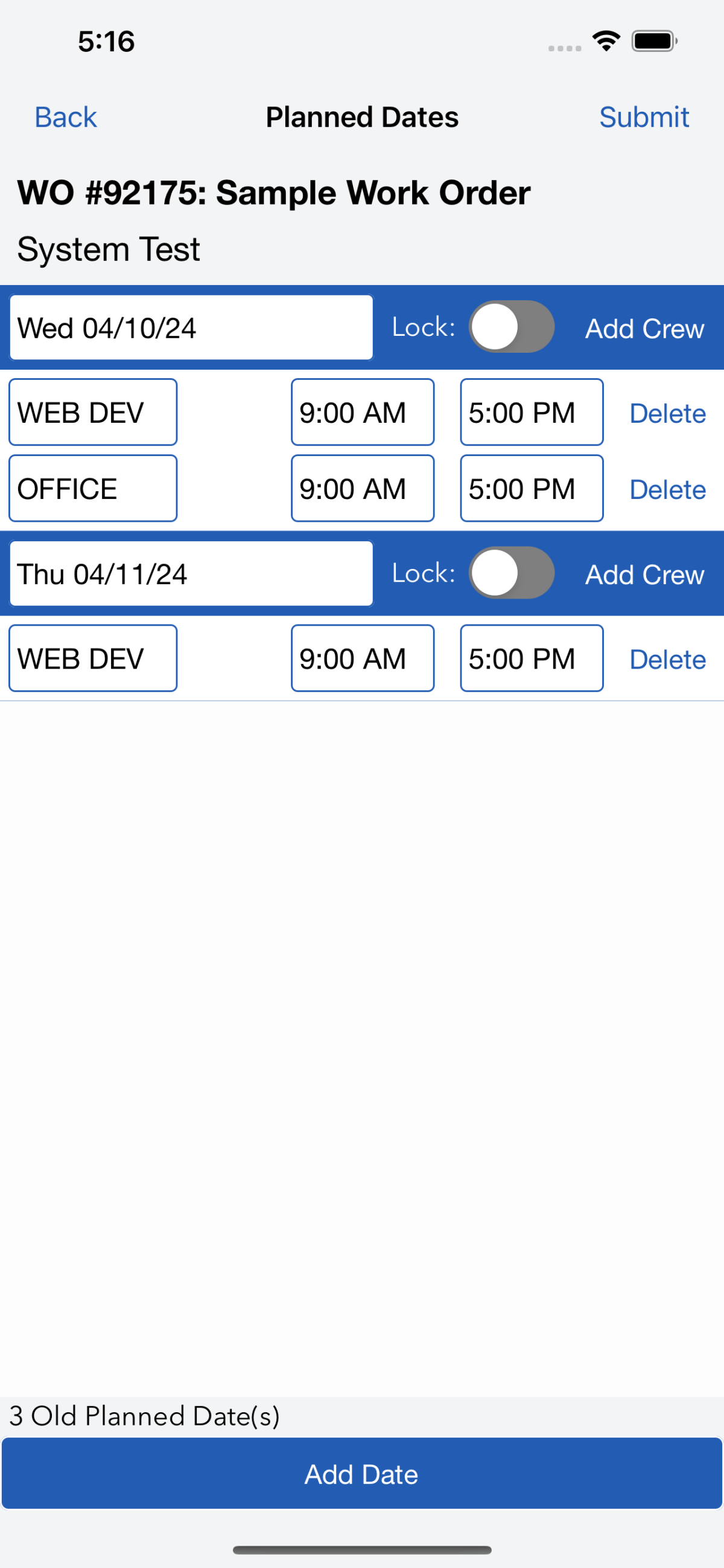 Adminmatic planned dates view