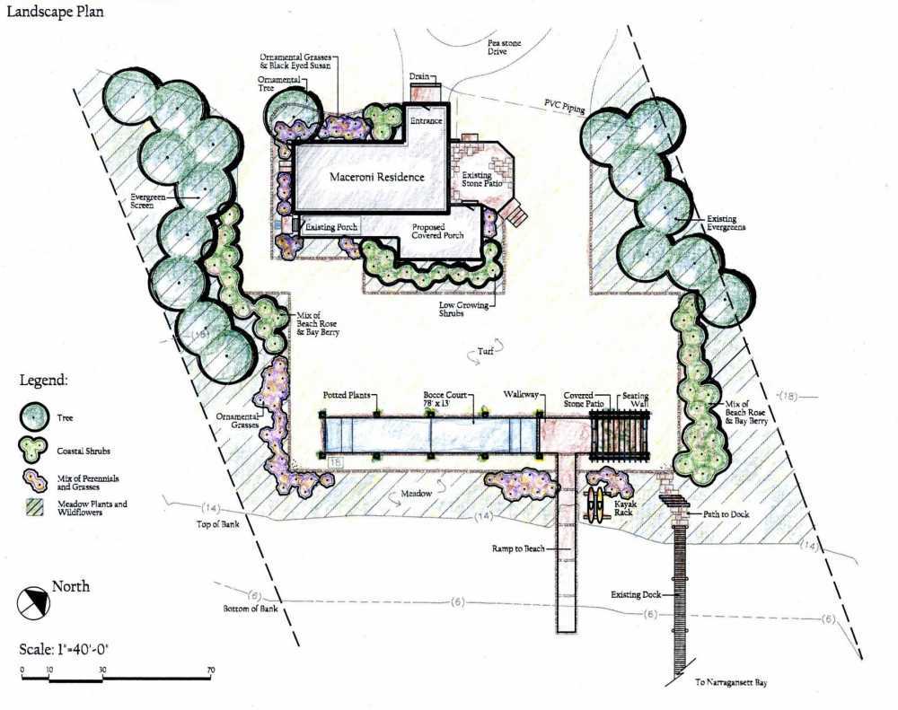 This design includes a bocce court, covered sitting area, kayak storage and boat ramp.